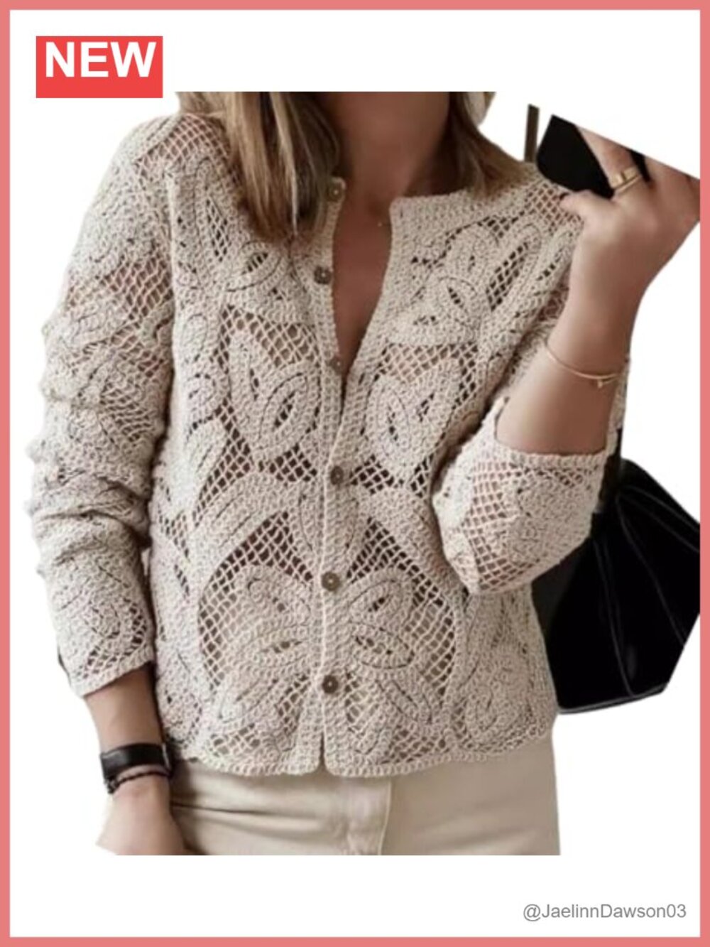 Women's Crochet Button Up Sweater Long Sleeve Crew Neck Top